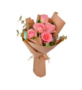 Kraft Ambalaj Kağıdında Pembe Gül Buketi (5'li -~40 cm)